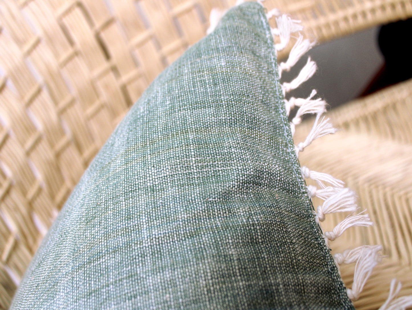 100% Cotton pillow case with natural dye (Green x fringe) Small